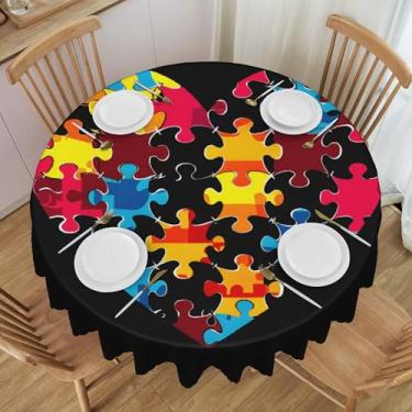 Imagem de Love Toalha de mesa redonda colorida com autismo, impermeável, lavável, 152 cm, capa de mesa circular, protetor de mesa amassável, para jantar, cozinha, festa, pátio, ambientes internos e externos