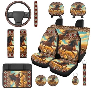 Imagem de Bulopur Capas de assento de veículo cavalo girassol com capa de volante almofada respirável para console central almofada antiderrapante para encosto de cabeça pacote com 14 astecas navajo conjunto de