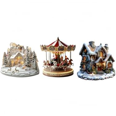 Imagem de CHJIEXDEC 3 peças de decorações de Natal, enfeites de mesa de acrílico plano 2D, presentes de Papai Noel para amigos, ambientes internos, escritório (carrossel de Natal + casa de neve + floresta)