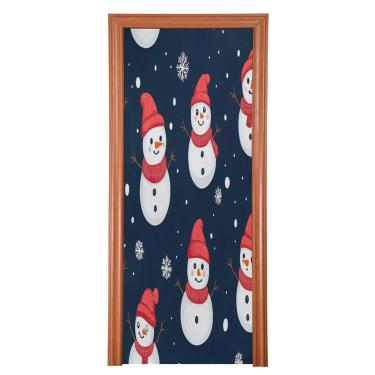 Imagem de Blueangle Linda capa de porta de boneco de neve - Capa de porta de tecido elástico para porta da frente - decoração de banner de porta de Natal para festas ao ar livre em casa (788)