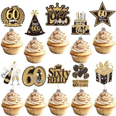 Imagem de Rsstarxi Pacote com 40 topos de cupcake Happy 60th Birthday Black Gold Cheers to 60 Years Fabulous 1966 Picks Decorações de aniversário de 60 anos para mulheres e homens, artigos de festa de casamento