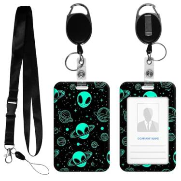 Imagem de HEAKIERG Porta-crachá feminino com carretel retrátil, etiquetas de identificação fofas, crachás de trabalho pesados, 11 x 6,9 cm, para enfermeiras, oficiais de segurança, cruzeiro, planeta de caveira