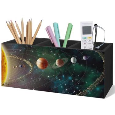 Imagem de Yhtrg Porta-lápis de madeira preto para decoração do espaço sideral, para mesa, decoração de quarto com tema de espaço preto, presente para crianças e homens, organizador de escova de dentes de