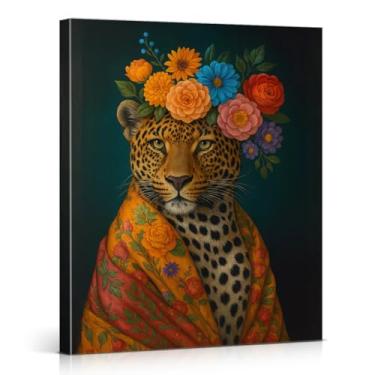 Imagem de Impressão de arte de parede de retrato de leopardo floral elegante vintage estampa de leopardo imagem animal decoração de parede para casa sala de estar quarto 20 x 25 tela emoldurada