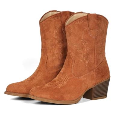 Imagem de IXU Botas caubói femininas cano curto cano curto bota clássica cano médio bico fino botas curtas grossas, Camurça marrom, 36