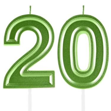 Imagem de Velas de aniversário de 20 anos, numerais verdes 20 topper de bolo, decoração para meninas, meninos, tema de aniversário, festa de casamento, aniversário de casamento, suprimentos para celebração