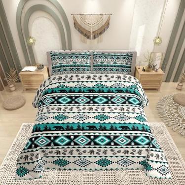 Imagem de Jogo de cama com estampa asteca verde para meninos e meninas, estilo tribal do sudoeste, animais selvagens, todas as estações, conjunto de edredom aconchegante com listras geométricas étnicas