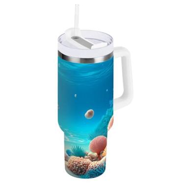 Imagem de Kigai Copo térmico de 1,134 g com alça, estrela do mar e conchas de praia com tampa e canudo, garrafa de água esportiva de metal grande, caneca de café de viagem de aço inoxidável