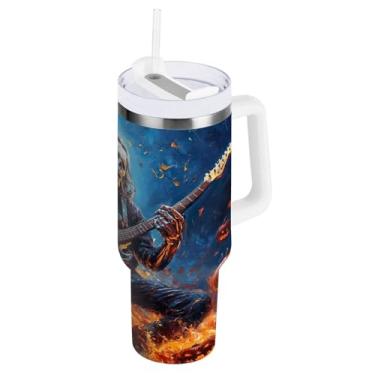 Imagem de STAYTOP Copo de caveira tocando guitarra no dia das bruxas com tampa e canudo, copo isolado de aço inoxidável durável à prova de vazamento com alça, garrafas de água à prova de derramamento para