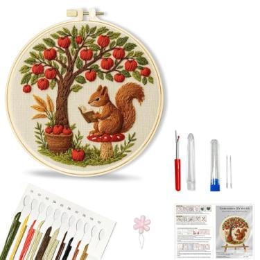 Imagem de Huacan Kit de bordado para iniciantes para adultos, fácil de aprender, instruções de padrões de bordado de esquilo, kits de bordado para adultos incluem bastidor, fios coloridos, ferramentas