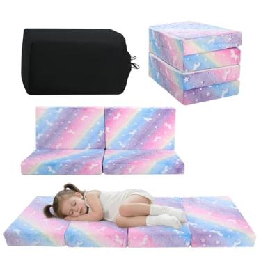 Imagem de MeMoreCool Colchão dobrável para crianças, tapete de cochilo infantil brilhante para dormir e creche, colchão futon portátil com três dobras, unicórnio arco-íris