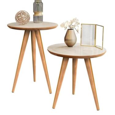 Imagem de Conjunto 2 Mesas Redondas De Canto Tripé Pé Palito Para Apoio Lateral Compacta para Sala, Varanda e Quarto, Ideal para Plantas, Café e Acessórios(DUPLO - OFF WHITE/FREIJO)