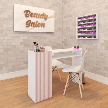 Imagem de Mesa de manicure profissional grande com detalhes listrados, ideal para salões de beleza, cabeleireiros, salões de unhas em gel, mesas de estudo, massagens nos pés e serviços de manicure(ROSA)