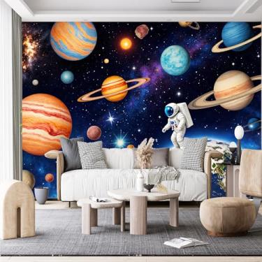 Imagem de Murais de parede de tamanho personalizado, astronauta terra, espaço, planetas, estrelas, tecido de parede autoadesivo (sem PVC) Papel de parede grande removível para sala de estar, quarto, escritório