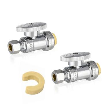 Imagem de Pacote com 2 válvulas de parada push fit, válvula de suprimento de água reta de 1/4 de volta, 1/5.1 cm push x 3/20.3 cm OD válvula de fechamento de pia reta de compressão, latão cromado para bidê