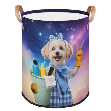 Imagem de ADTASU Cesto de roupa suja dobrável com design de cachorro brincalhão - Cesta de armazenamento dobrável para casa, organizador portátil para cobertores, brinquedos, roupas em tema celestial