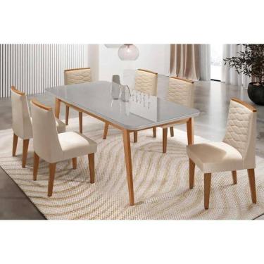Imagem de Sala Jantar Mesa Havana Tampo c/ Vidro Curvo 180cm+6 Cadeiras Maldivas Madeira Naturale/Off White - Capuccino/Suede Creme - Rufato