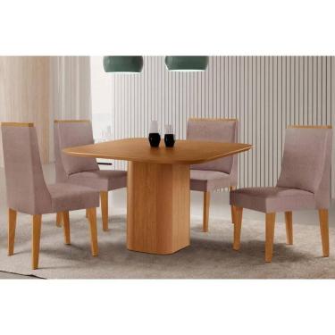 Imagem de Sala Jantar Mesa Maldivas Tampo Curvo 90cm+4 Cadeiras Dakota Madeira Naturale - Capuccino/Linho Capuccino - Rufato