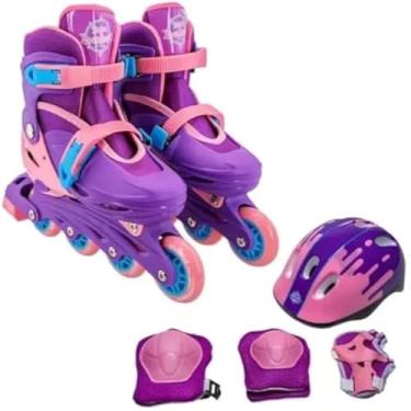 Imagem de Patins, infantil, kit, protecao, violeta, rodas, ajustaveis, confortavel, e roxo.