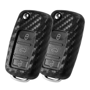 Imagem de WORCAS 2 peças de capa de chaveiro padrão de fibra de carbono capa de silicone compatível com Volkswagen Beetle CC EOS Golf GTI Jetta New Beetle Passat Phaeton R32 Rabbit TIGUAN Touareg botão