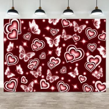 Imagem de ASDCXZ 2,1 x 1,5 m coração vermelho início dos anos 2000 pano de fundo Y2K Old School 90s fotografia fundo glitter coração borboleta dia dos namorados bandeira festa de casamento decoração aniversário
