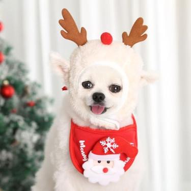 Imagem de Adorável chapéu de pompom de árvore de Natal para cães, bandanas de cachorro de Natal para Papai Noel, chapéus de Papai Noel tricotados ajustáveis para festa de férias em casa (vermelho, grande)