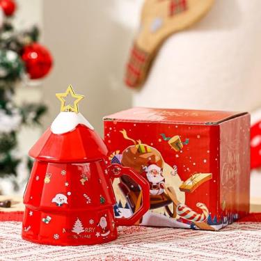 Imagem de JIAHG Caneca de árvore de Natal de cerâmica de 350 ml de 350 ml com colher de tampa vintage grande capacidade caneca de bebida de barriga novidade festiva com tema de feriado xícara de café para