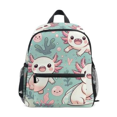 Imagem de GAIGEO Cute Cartoon Axolotls Toddler School Backpack with Whistle, 2 Bottle Pockets, Lightweight, Girls Backpack Elementary School 10x4x12 In, for Ages 3-8