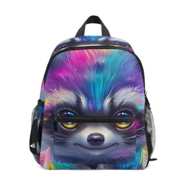 Imagem de Rainbow Colored Raccoon Simple Modern Toddler Backpack 10x4x12 In, Boys Toddler Backpack with Water Bottle Pockets, Whistle Buckle