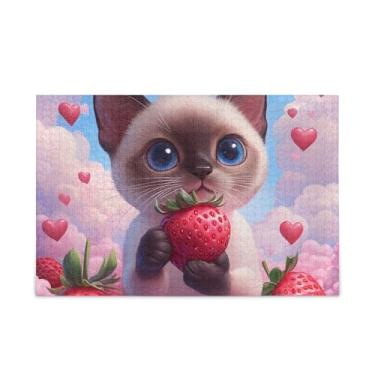 Imagem de Quebra-cabeça de morango de gato siamês fofo de 500 peças, composto de papel e madeira, quebra-cabeças engraçados para adultos com suporte de letras