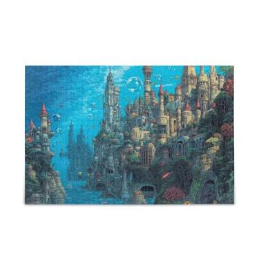 Imagem de Quebra-cabeça azul com paisagem urbana subaquática 1000 peças de madeira e papel combinados para casais