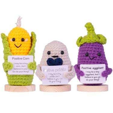 Imagem de CoFuBcad 3PCS Funny Positive Potato Eggplant Corn Gift, Cute Crochet Potato Knitted Doll Decoration with Front Card, Wooden Base for Birthday Gift Home Decoration(A2)