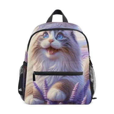 Imagem de GAIGEO Lavender Cat Floral Backpack for Kids, 10x4x12 In, Toddler Boys Backpack Includes Water Bottle Pockets, Whistle Clip for Safety