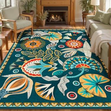 Imagem de Joydeco Tapetes de área grande boho floral egípcio, para sala de estar, berçário, lavável, verde-escuro, 20,5 x 25,4 cm, sob a cama, tapete antiderrapante vintage para sala de jogos, sala de jantar
