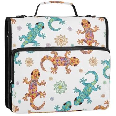 Imagem de Organizador básico de fichário com zíper, fichários de 3 anéis, 3 anéis, estampa floral, geckos, pasta de portfólio com alça para fichários escolares com alça de ombro, 34,5 x 31,5 x 9 cm