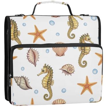 Imagem de Aquarela Cavalos-marinhos brancos para fichários de 3,8 cm com zíper e 3 anéis, bolsa organizadora com alça para guardar desenhos animados escolares, pasta de portfólio com alça, 34,5 x 31,5 x 9 cm
