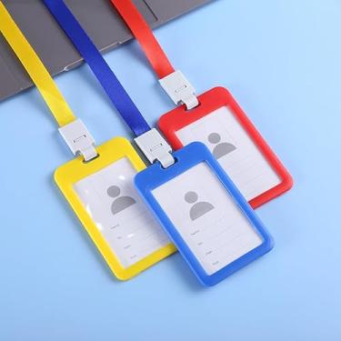 Imagem de 5 peças porta-cartão de identificação, cordão para crachá, manga de identificação de nome, dupla transparência, negócios, exposição, escritório, escola, alça para pendurar no pescoço (azul celeste