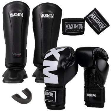 Imagem de Kit Luva Muay Thai Mxm Black + Caneleira Classic Black + Bandagem 3M +