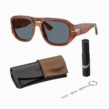 Imagem de Persol Óculos de sol VINCENT PO3373S em formato piloto com kit oficial de óculos, Armação Terra Di Siena | Lente azul claro