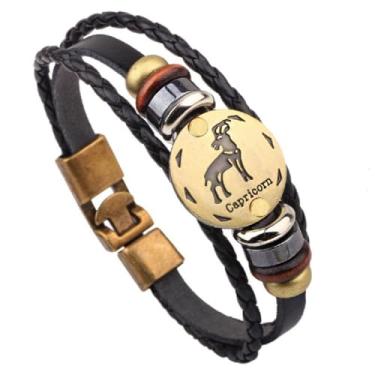 Imagem de Pulseira masculina e feminina de couro do zodíaco vintage punk com fecho multitrançado, presente fácil de colocar para ele e ela, One Size, Cristal, Ametista criada