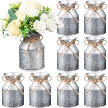 Imagem de Domensi 9 peças de vaso de flores de metal para casa de fazenda, 13 cm, vaso rústico galvanizado a granel com balde de flores em arco para mesa, centro de mesa, Natal, Dia dos Namorados, casamento