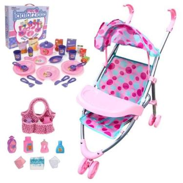 Imagem de Kit Carrinho De Boneca Rosa Bebê C/ Jogo Meu Jantar e Bolsa - Dm Toys