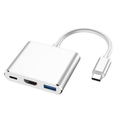 Imagem de HCUSR Estação de ancoragem 3 em 1 tipo C para HDMI, hub USB, adaptador multiportas, conversor AV com saída 4KHDMI, 100W PD, USB A 3.0 Port Hub Dongle Docking Station para laptops e tablets (prata)