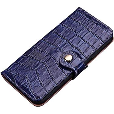 Imagem de ZEDEVB Bolsa flip para Apple iPhone 14 Plus 6,7 polegadas, couro genuíno textura de crocodilo capa de telefone com suporte para cartão (cor: azul)