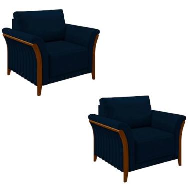 Imagem de Kit 2 Poltronas Decorativas Pés em Madeira Market Veludo Azul Marinho G45 - Gran Belo