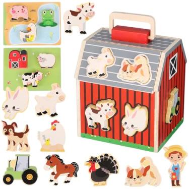 Imagem de Toyvian 1 Conjunto de Brinquedos de Animais da Fazenda Com Celeiro: Celeiro de Madeira Com Formas Variadas, Brinquedo Educativo Montessori Com Figuras de Animais da Fazenda, Portátil E Ideal para