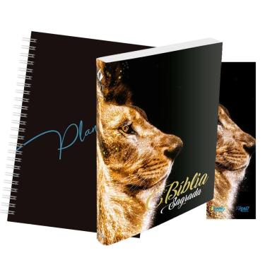 Imagem de Kit Leão Ouro - Planner Capa Lisa + Bíblia Brochura NVT + Marca Página