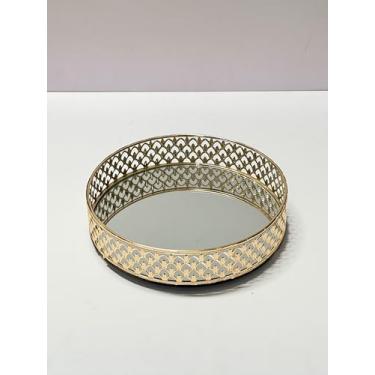 Imagem de Yikinip Bandeja redonda de vidro e ouro, bandeja de jantar de perfume e penteadeira - Bandeja decorativa espelhada com design de recorte de metal dourado, organizador de joias de vidro e metal