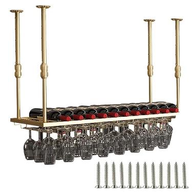 Imagem de pcagfaajmh Suporte para copo de vinho de teto, suporte de garrafa de vinho pendurado industrial, ferro de prateleira de montagem na parede, 60-200 cm, altura / largura ajustável, processo de pintura