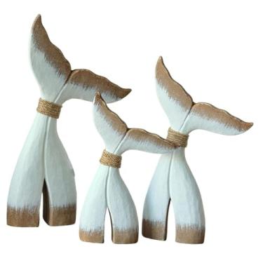 Imagem de Generic Conjunto de 3 Estatuetas de Cauda de Baleia em Madeira para Decoração de Casa, Enfeite de Mesa, Centro de Mesa, Quarto e Sala de Estar, Marrom Branco